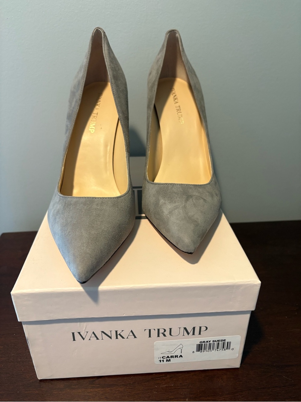 Ivanka Trump Light Gray Suede Pointed Pumps
